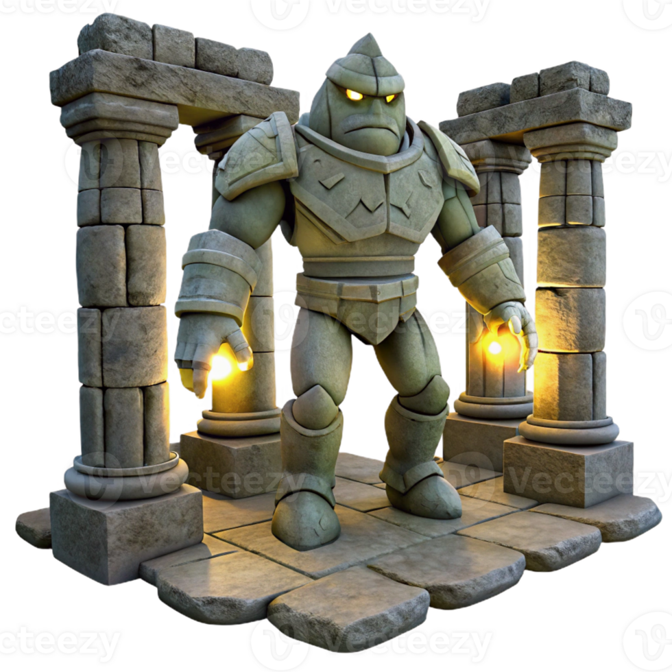 extraordinary classic A stoic golem crafted from ancient stone, standing guard in a ruined temple, illuminated by a single ray of light. Dark fantasy, dramatic lighting high quality png