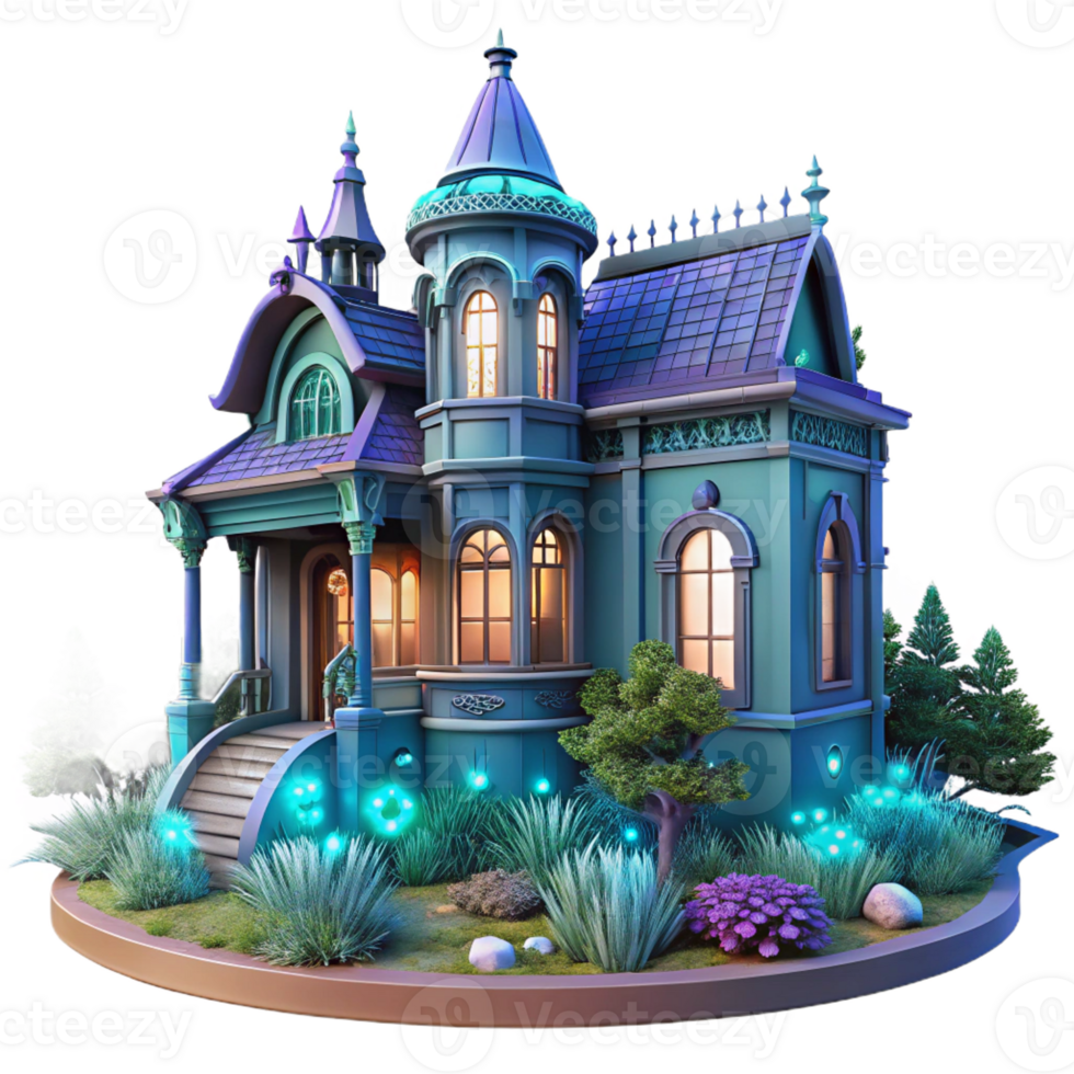 impressive creative Victorian mansion overgrown with vibrant bioluminescent plants, twilight lighting, fantasy art style exclusive png