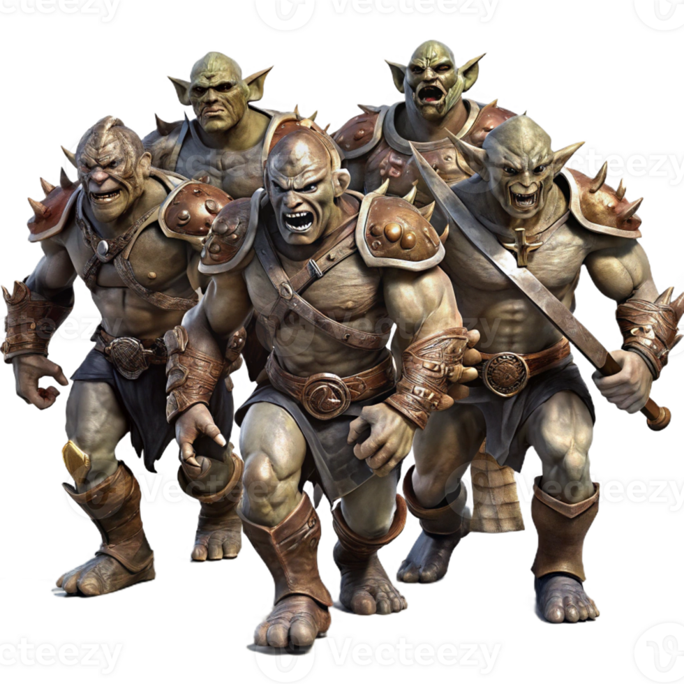 magnificent contemporary A group of fierce orc warriors, clad in heavy armor and wielding brutal weapons, charge into battle. Dramatic, contrasting lighting. Grimdark fantasy art style authentic png