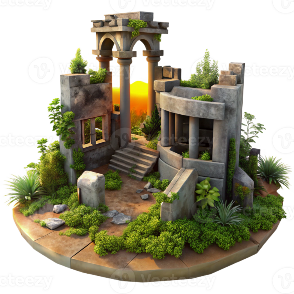 dramatic artistic Post-apocalyptic ruins overgrown with vegetation, warm sunset lighting, desolate style authentic png