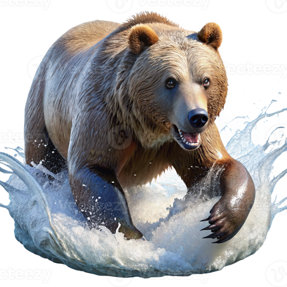 extraordinary classic A powerful grizzly bear fishing for salmon in a rushing river, spray and sunlight creating dynamic lighting, captured in a National Geographic-style photograph professional png