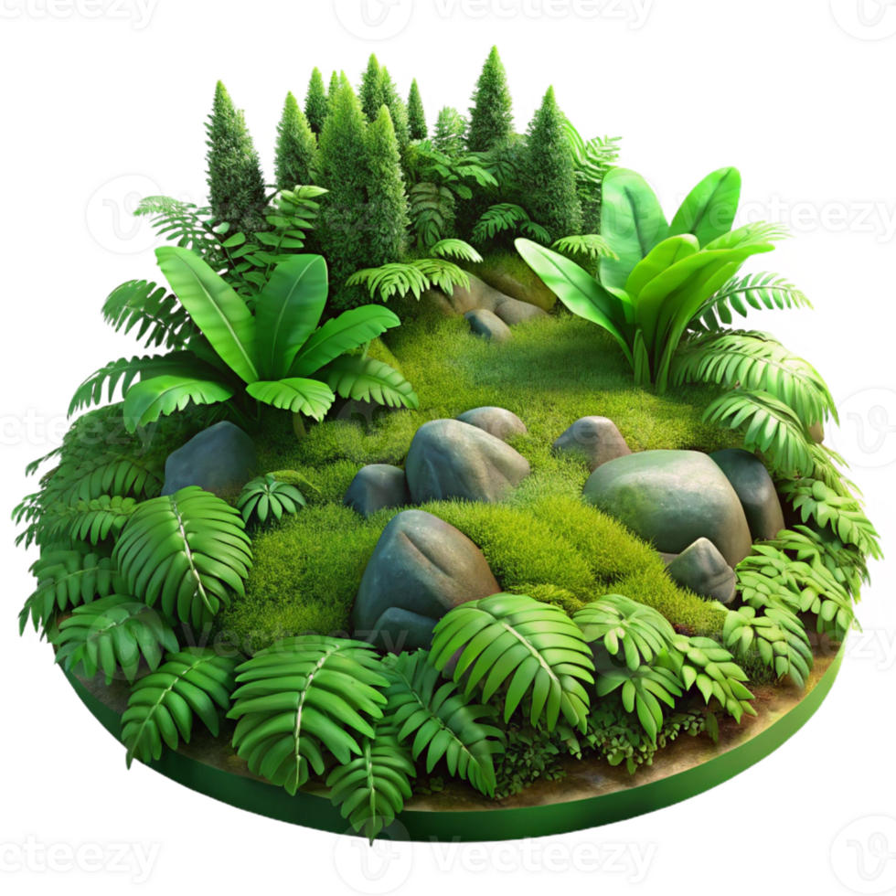 magnificent vintage A lush green forest floor covered in moss and ferns, dappled sunlight, realistic render style genuine png