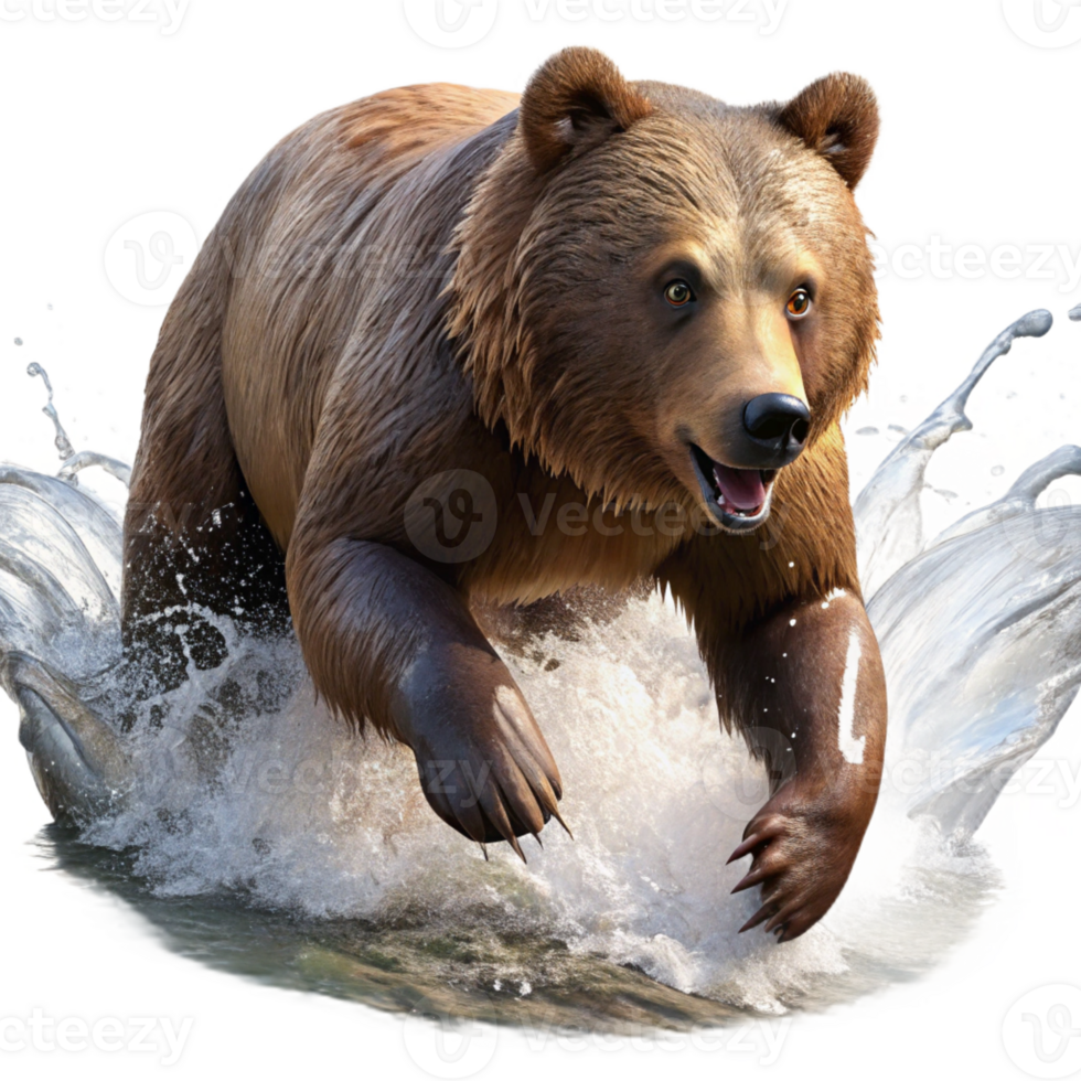wonderful classic A powerful grizzly bear fishing for salmon in a rushing river, spray and sunlight creating dynamic lighting, captured in a National Geographic-style photograph detailed png