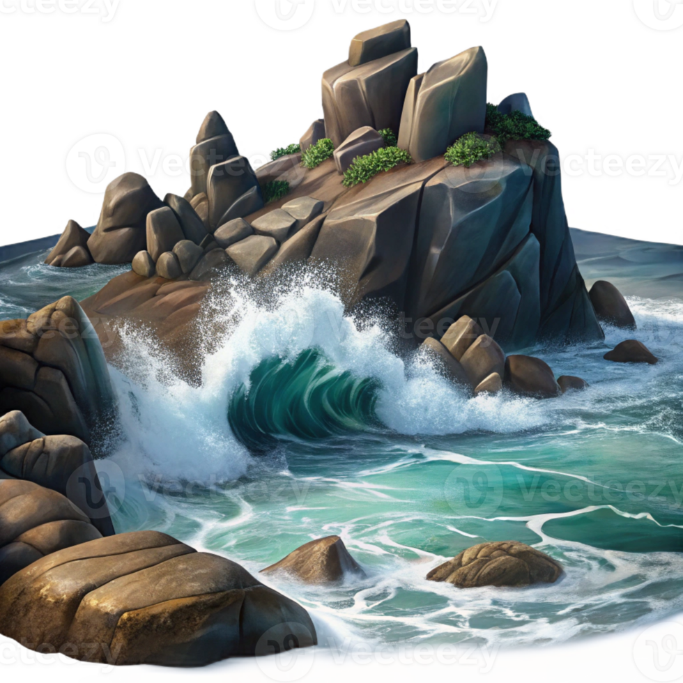 beautiful traditional A rocky coastline with crashing waves, dramatic lighting, seascape painting style original png