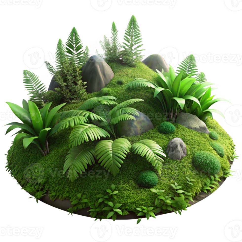 magnificent vintage A lush green forest floor covered in moss and ferns, dappled sunlight, realistic render style premium png