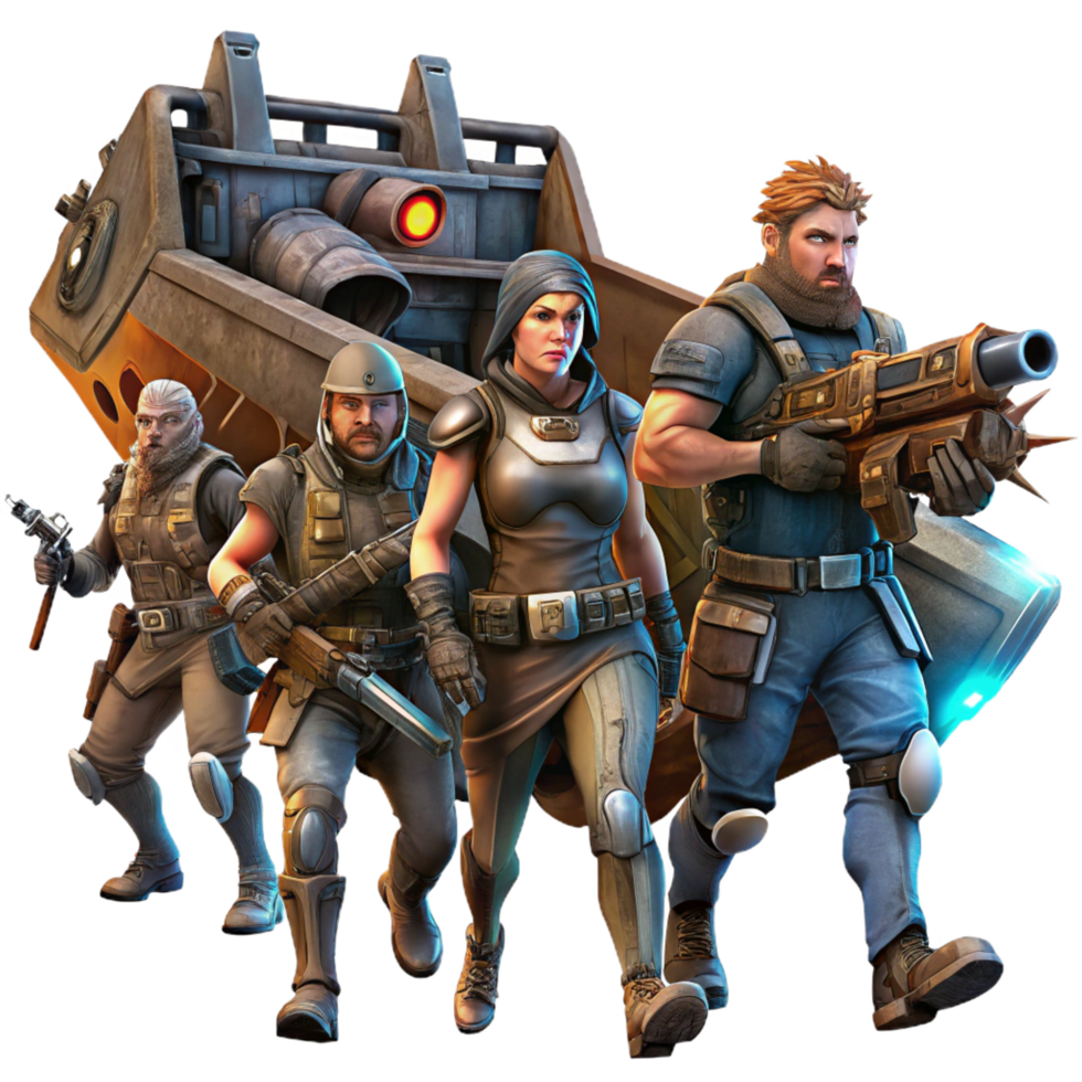 wonderful modern A group of space pirates, clad in tattered leather and wielding energy weapons, boarding a derelict spaceship. Gritty, realistic lighting, space opera style detailed png