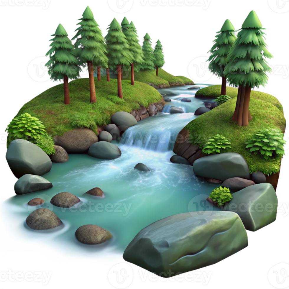 wonderful minimalist A babbling brook flowing through a forest, crystal clear water, long exposure photography style high quality png