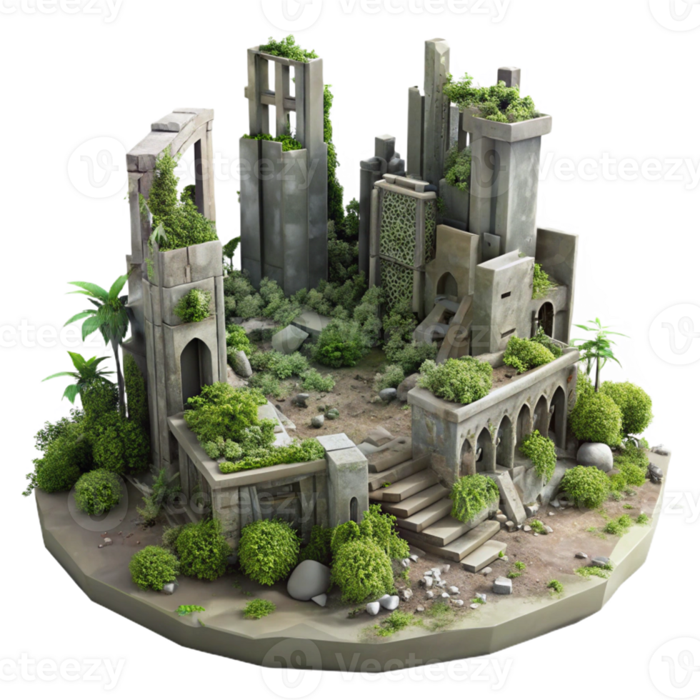 beautiful rustic Post-apocalyptic city ruins, overgrown with vegetation, muted colors, desolate and eerie, dystopian style, professional png
