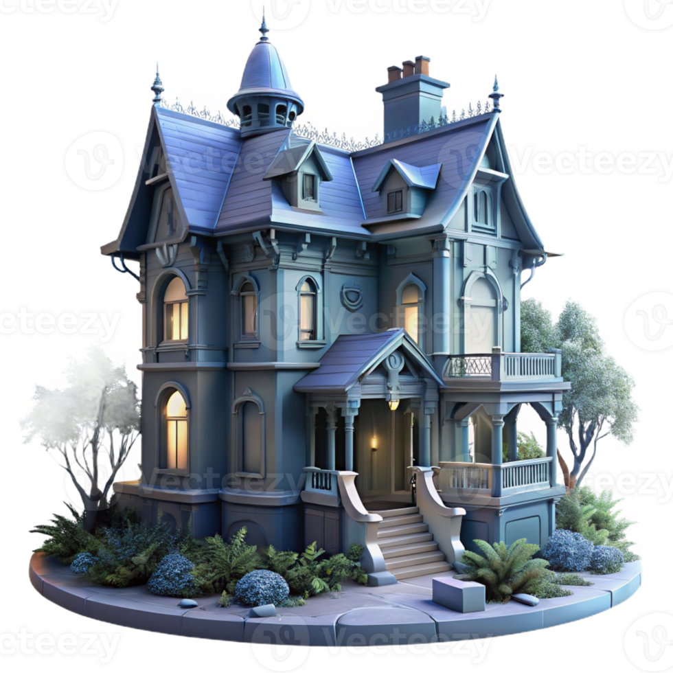 serene contemporary Victorian mansion, overgrown with vines, moonlight, haunting and mysterious, painterly style, authentic png