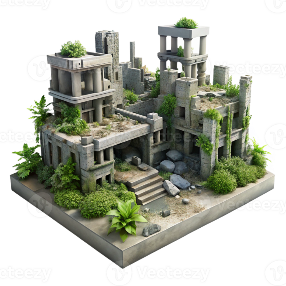 impressive traditional Post-apocalyptic city ruins, overgrown with vegetation, muted colors, desolate and eerie, dystopian style, professional png