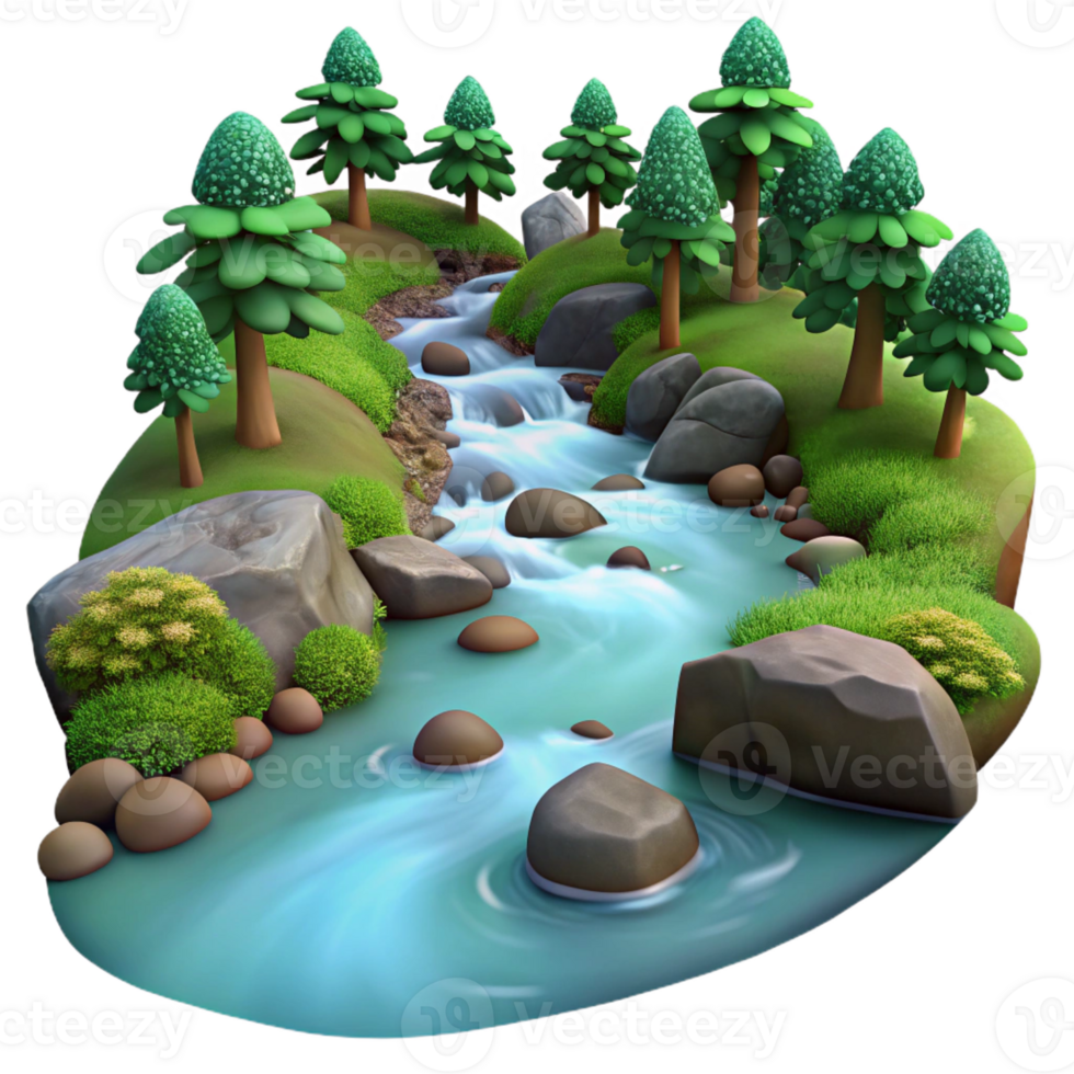 magnificent creative A babbling brook flowing through a forest, crystal clear water, long exposure photography style high quality png