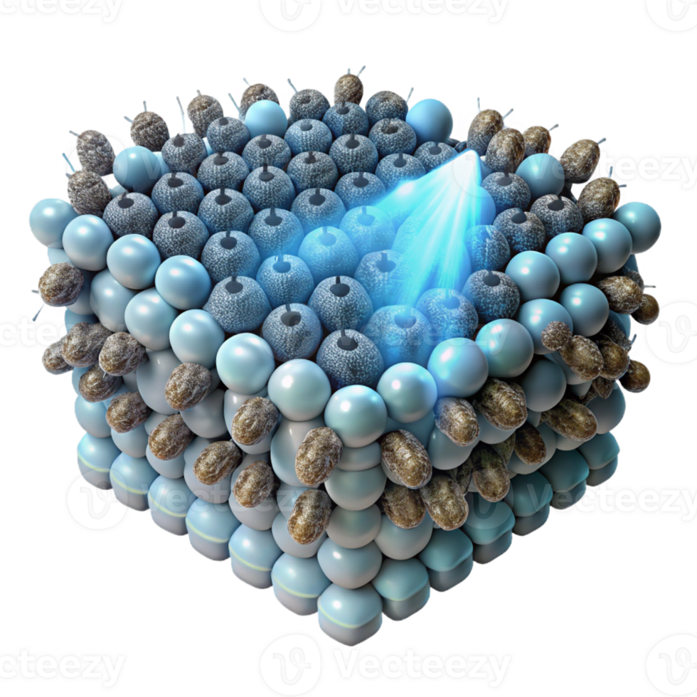 impressive contemporary A swarm of nanobots assembling a complex structure, illuminated by a focused beam of white light, microscopic photography style 4K png