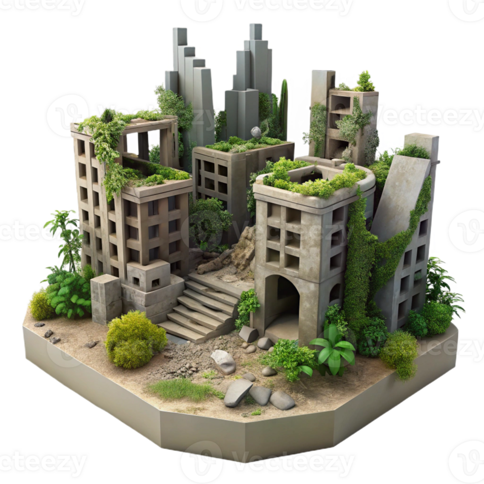 serene classic Post-apocalyptic city ruins, overgrown with vegetation, muted colors, desolate and eerie, dystopian style, 4K png