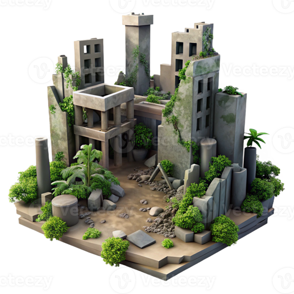 magnificent minimalist Post-apocalyptic city ruins, overgrown with vegetation, muted colors, desolate and eerie, dystopian style, detailed png