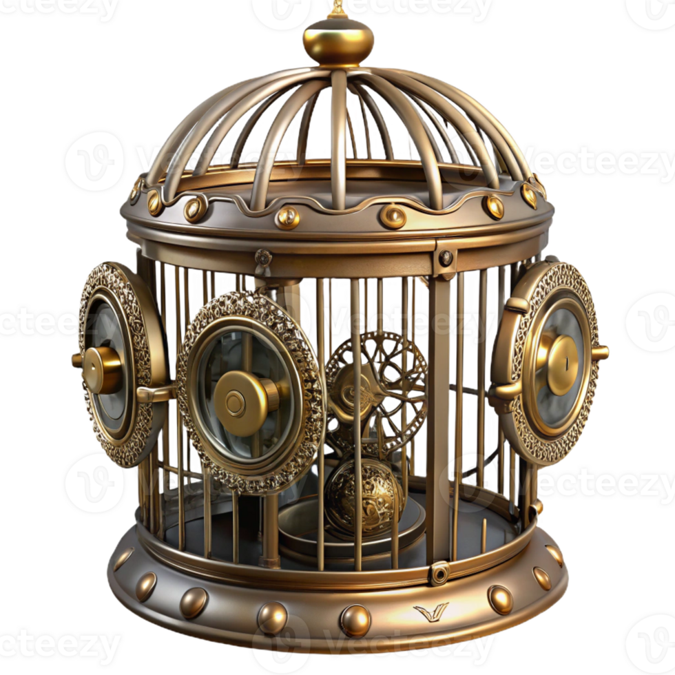 wonderful classic Steampunk birdcage with intricate metalwork and clockwork mechanisms premium png