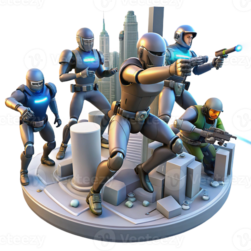 impressive contemporary A group of rebels fighting against oppressive robots in a futuristic city, dynamic action scene, 4K png