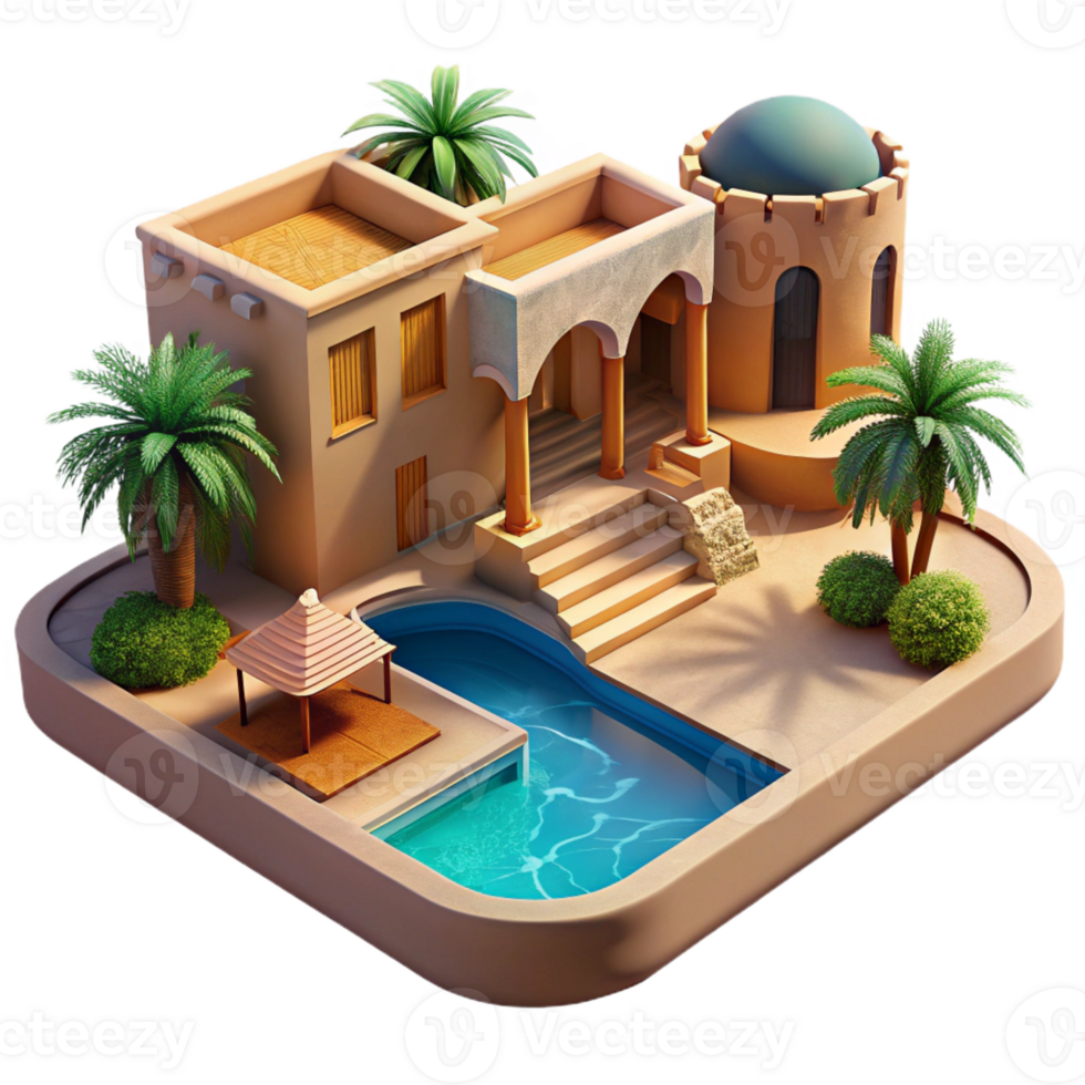 dramatic contemporary Desert oasis resort, adobe architecture, cool blue pool, shimmering heat haze, luxurious and relaxing, travel photography style, high resolution png