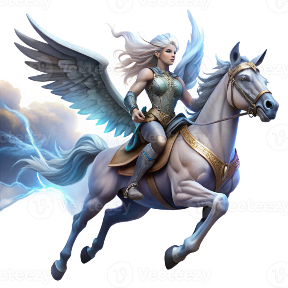 magnificent minimalist A beautiful Valkyrie riding a winged horse, soaring through a storm-ridden sky, dramatic lightning, romanticism style authentic png