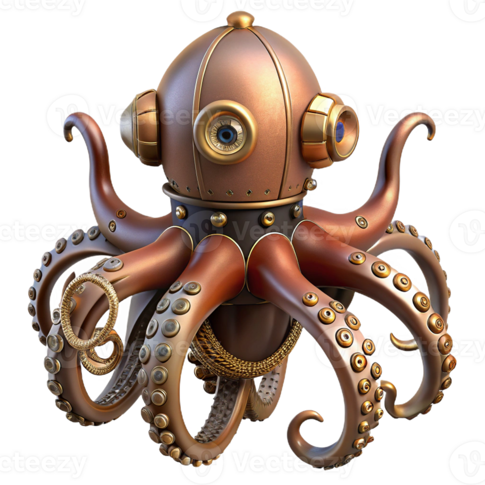 serene classic Steampunk octopus automaton with intricate moving parts 4K png