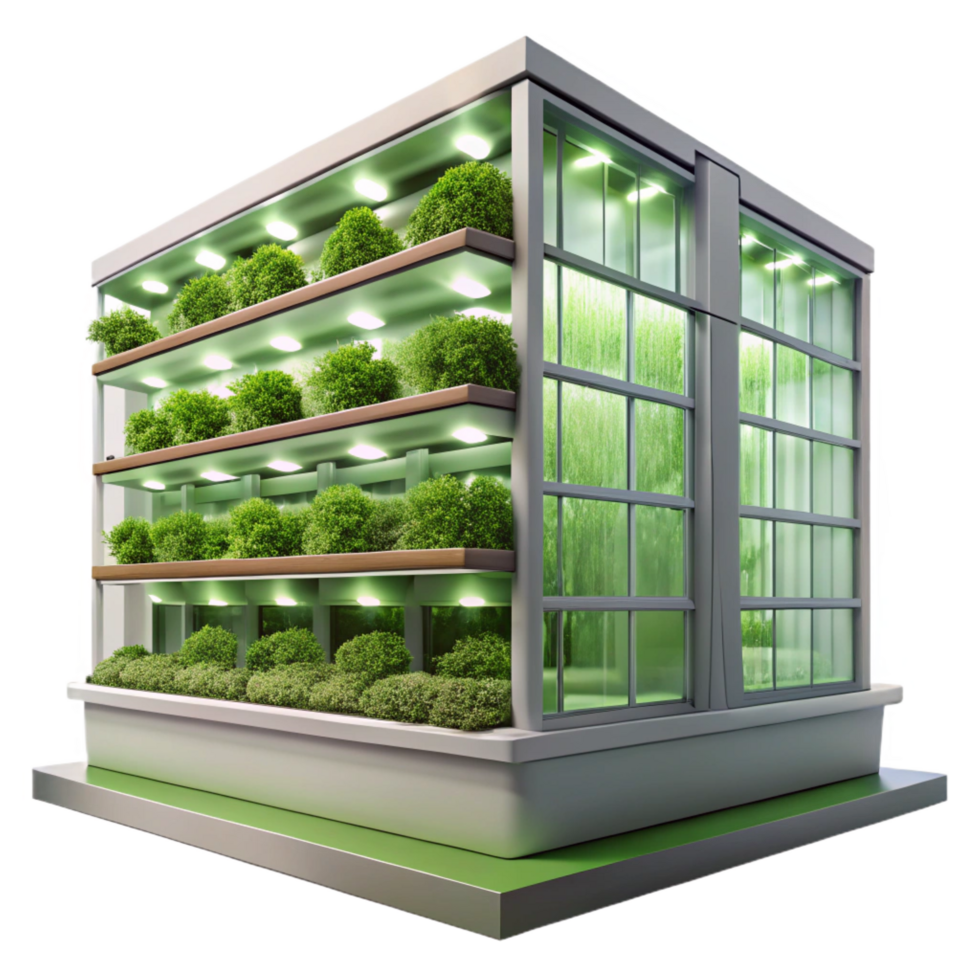 wonderful minimalist Sustainable vertical farm, lush green walls, natural light, environmentally conscious and innovative, architectural visualization style, 4K png
