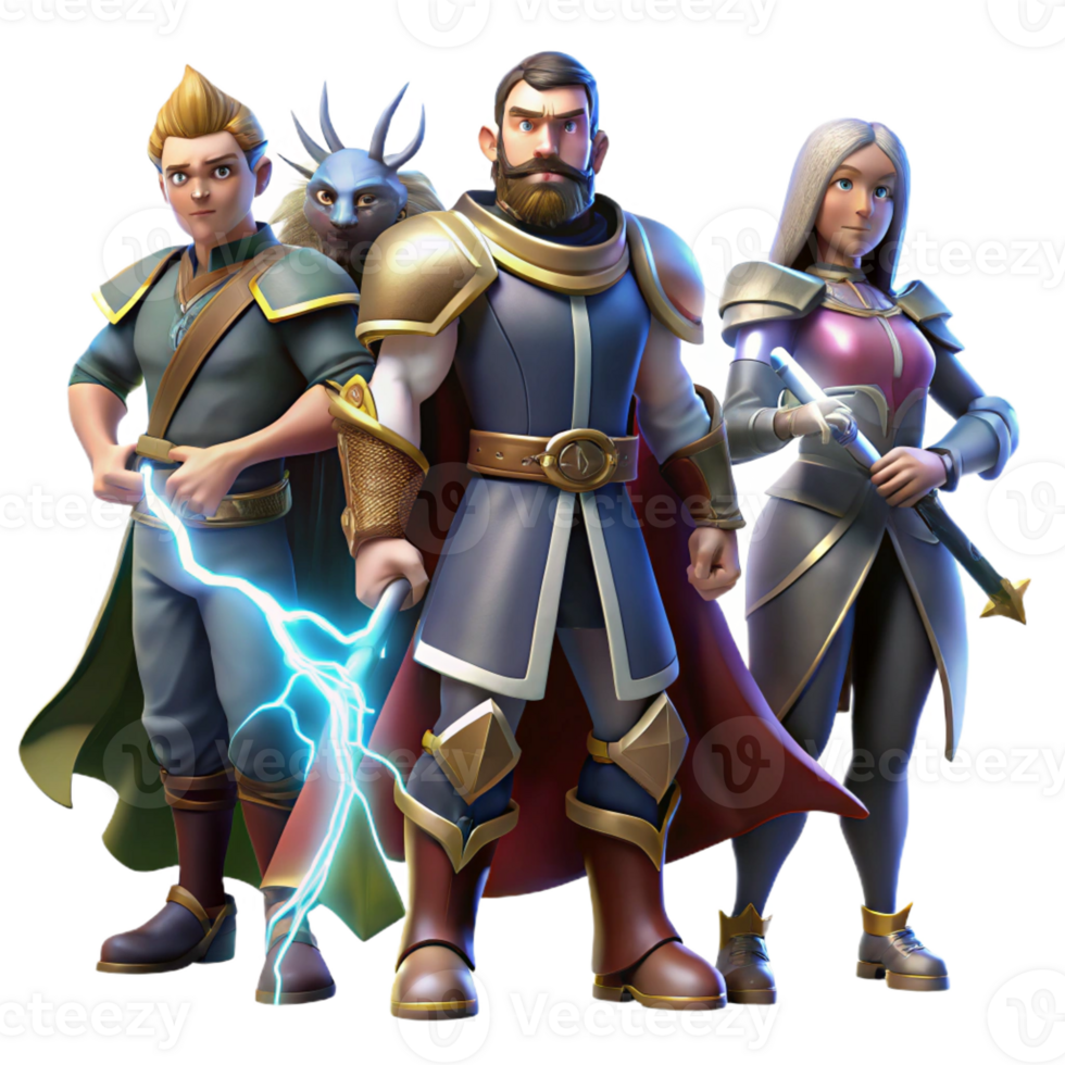 dramatic minimalist A group of heroic adventurers, a knight, a mage, and a rogue, standing together, ready for battle, illuminated by the dramatic light of a lightning strike 4K png