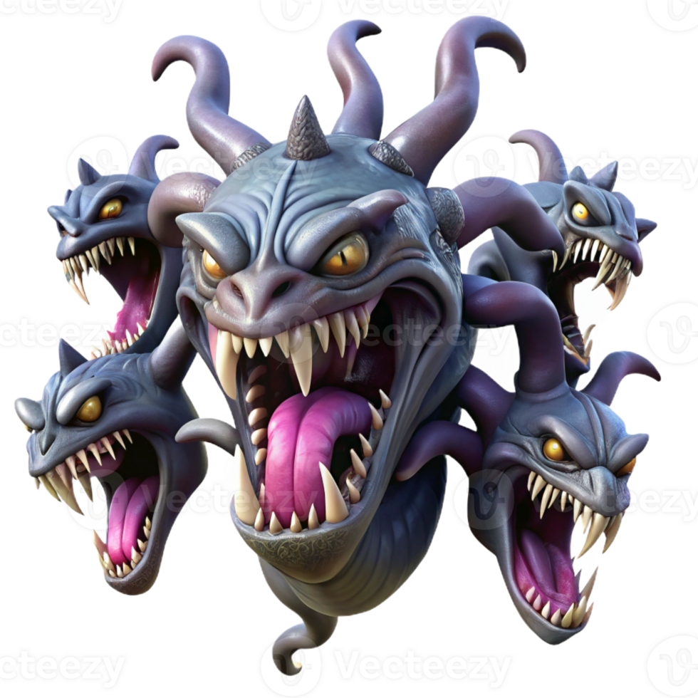 stunning rustic A fearsome hydra with nine snarling heads, each dripping venom, dark and moody lighting, dark fantasy style 4K png