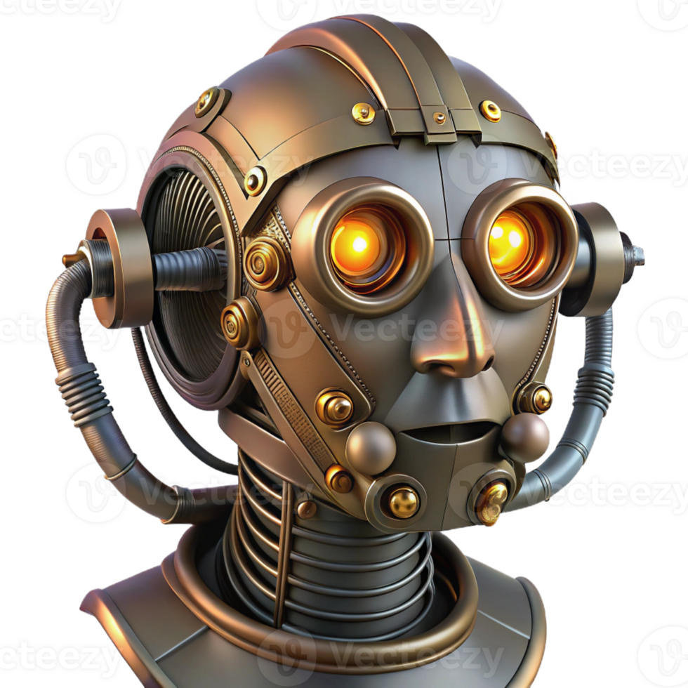 impressive creative Steampunk robot head with exposed wires and glowing eyes authentic png
