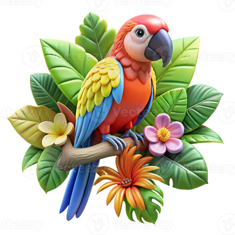 vibrant traditional A colorful macaw parrot perched on a branch, surrounded by tropical flowers, in a vibrant, exotic style exclusive png
