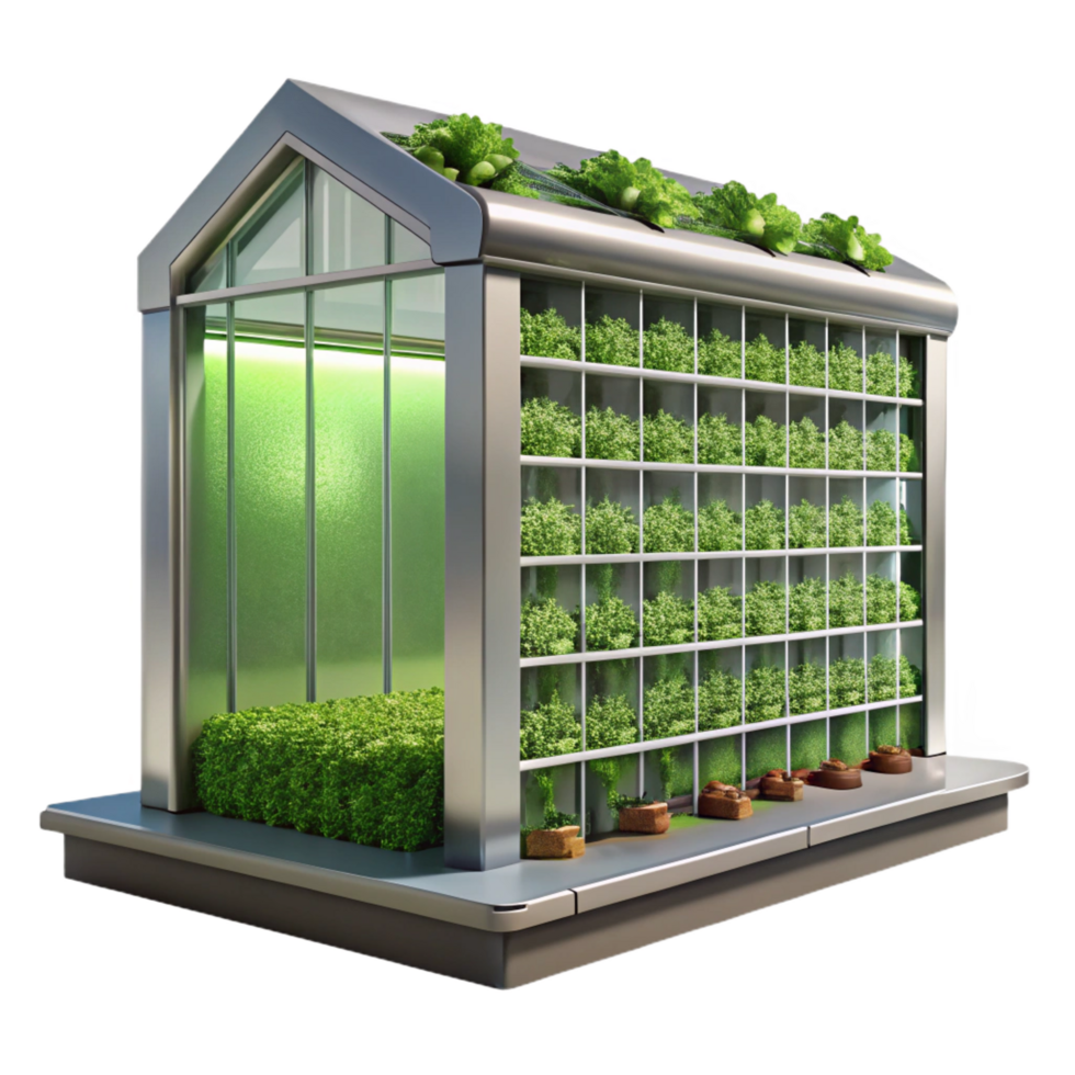 serene modern Sustainable vertical farm, lush green walls, natural light, environmentally conscious and innovative, architectural visualization style, professional png
