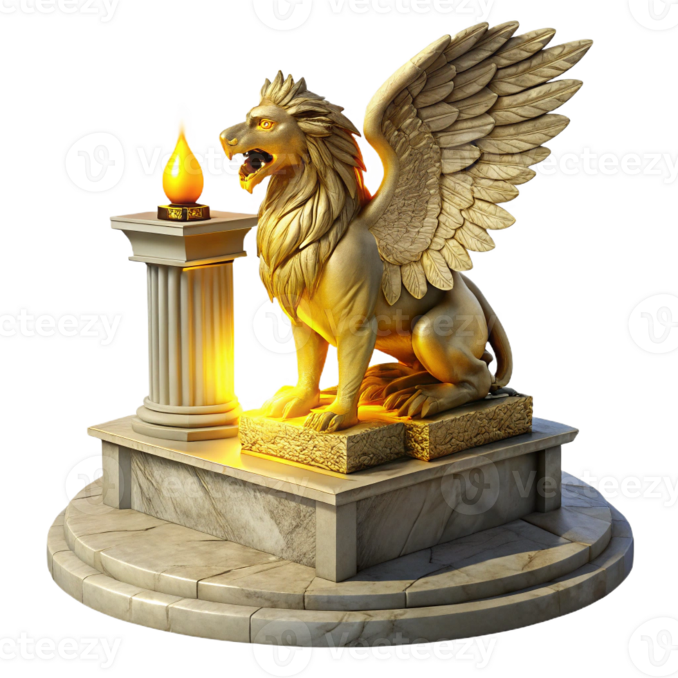 magnificent contemporary A majestic griffin perched atop a crumbling marble altar, illuminated by a single shaft of golden light, in the style of a Baroque painting 4K png