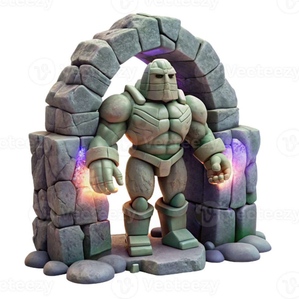 wonderful vintage A stoic golem crafted from enchanted granite, standing guard over a hidden portal, illuminated by the pulsating light of the portal's energy detailed png