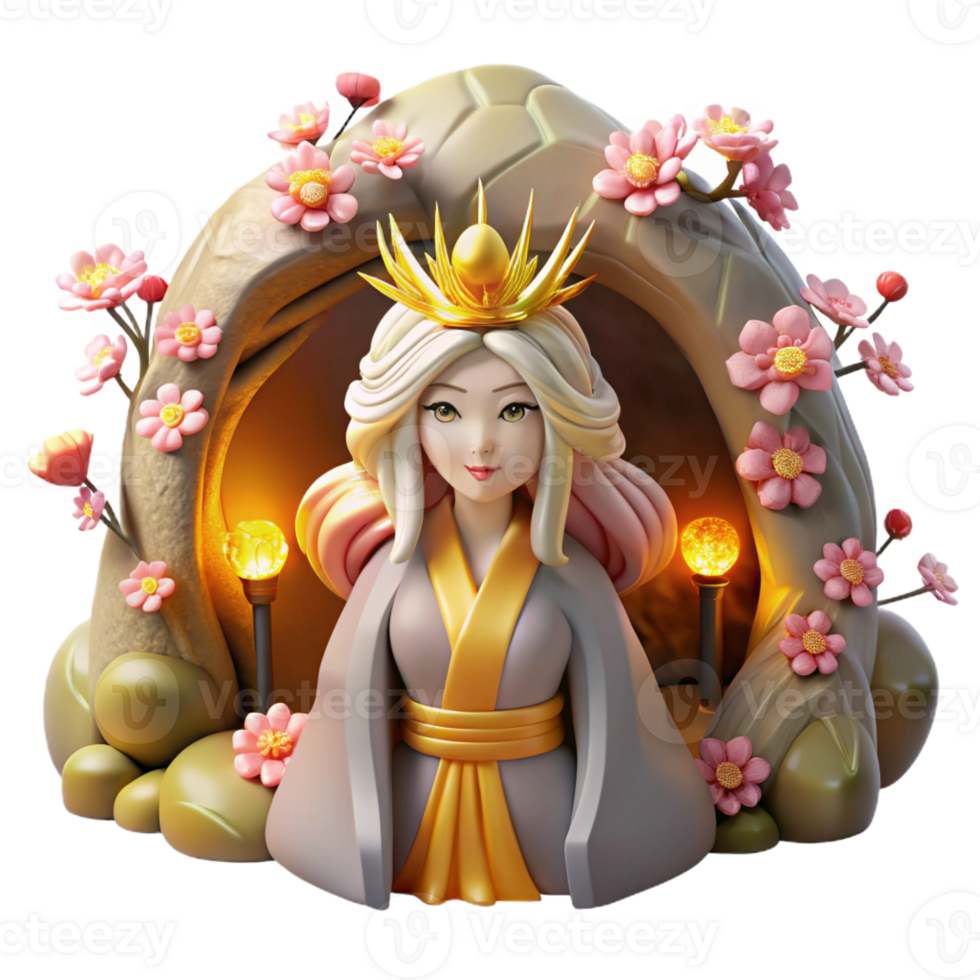 vibrant creative A radiant Amaterasu, the Japanese sun goddess, emerging from a cave, her hair flowing with golden light, surrounded by blooming cherry blossoms, Ukiyo-e style high quality png