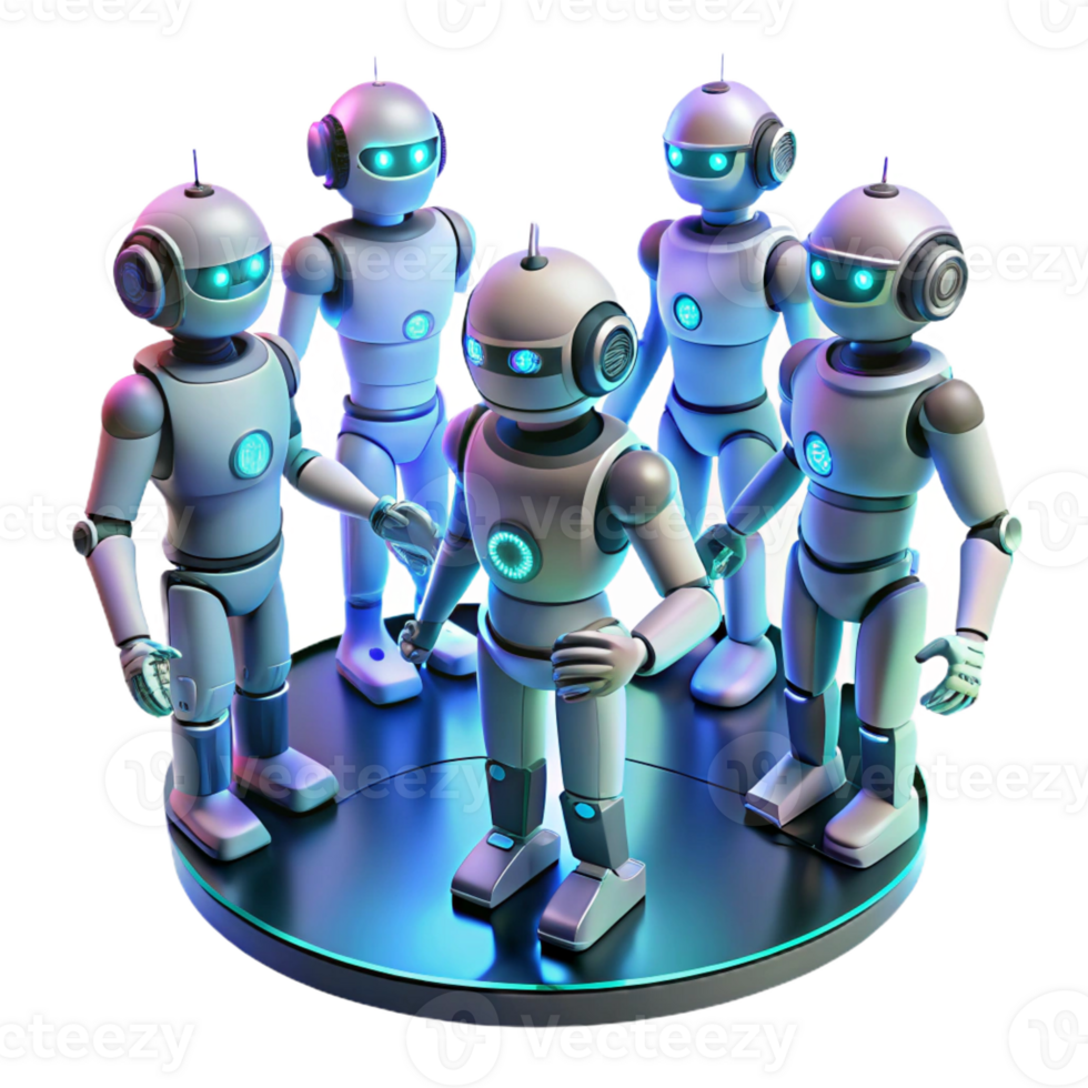 vibrant abstract A group of stylized humanoid robots collaborating on a complex engineering project, illuminated by dynamic, shifting neon light, futuristic industrial style premium png