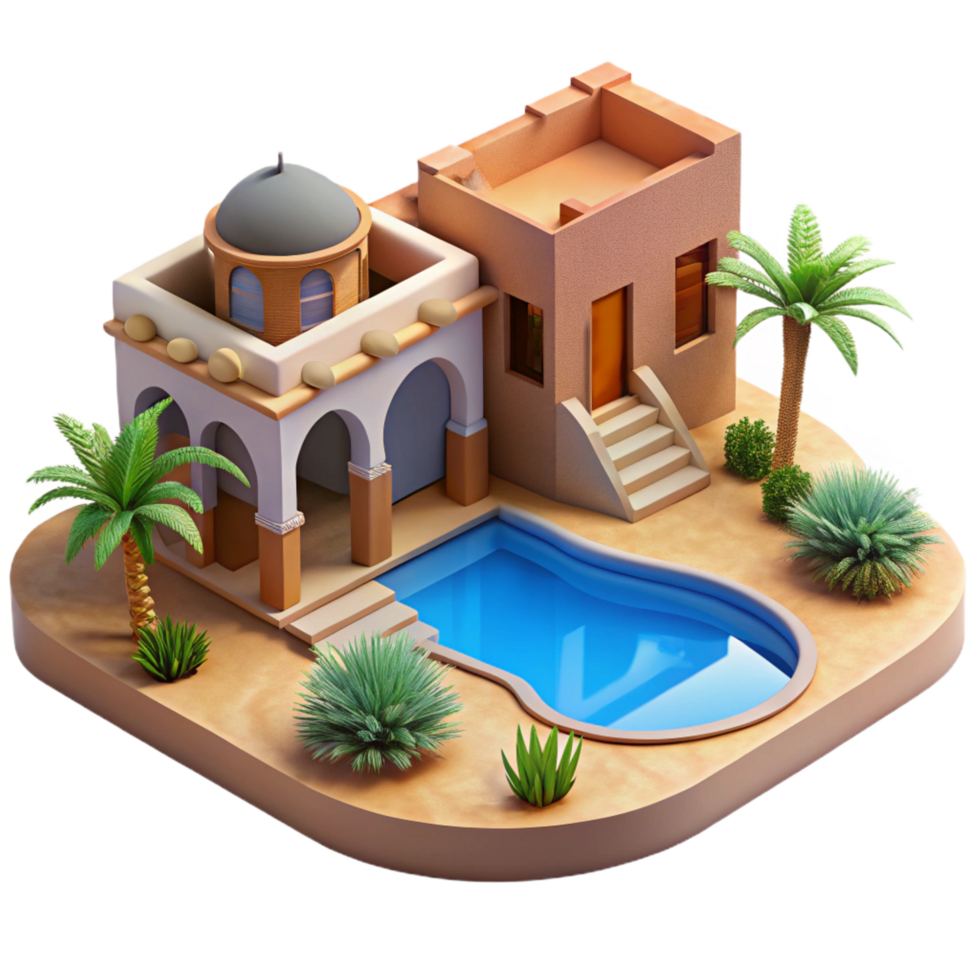 magnificent artistic Desert oasis resort, adobe architecture, cool blue pool, shimmering heat haze, luxurious and relaxing, travel photography style, original png