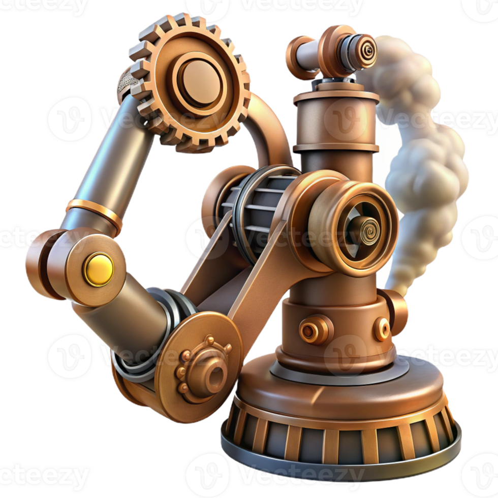extraordinary vintage Steampunk robotic arm with exposed gears and steam vents premium png