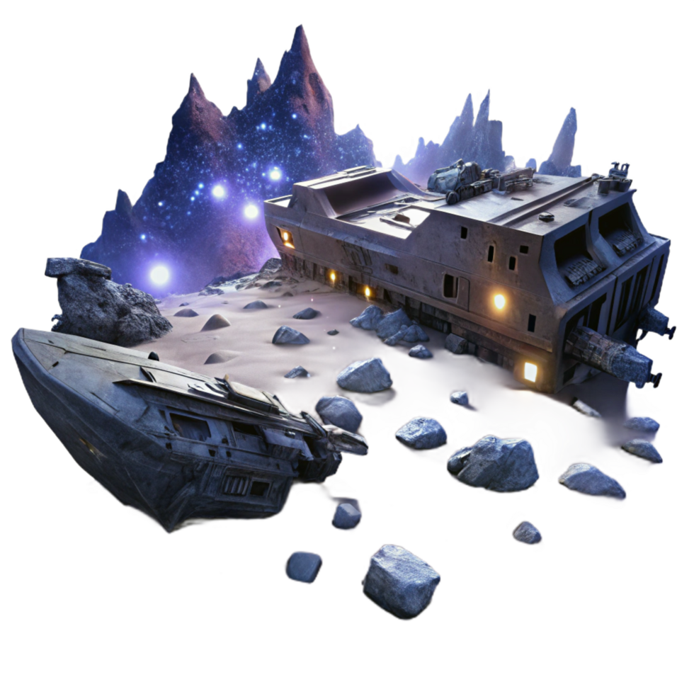 serene creative A spaceship graveyard, derelict vessels floating in the darkness of space, illuminated by distant stars. Eerie, atmospheric lighting, space opera style premium png
