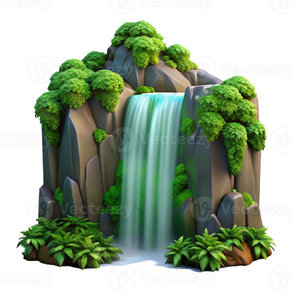 dramatic minimalist A waterfall cascading down a cliff face, lush green foliage, long exposure photography style detailed png