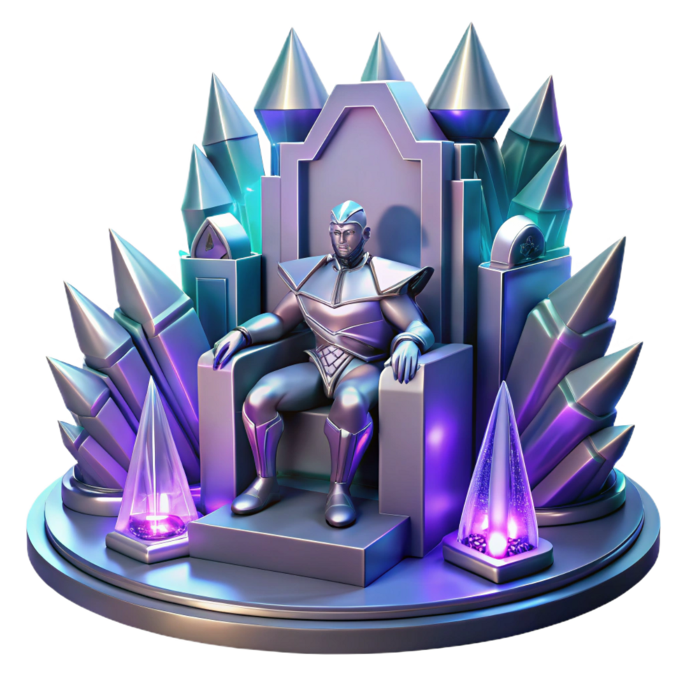 serene vintage A futuristic throne room, adorned with holographic banners and glowing crystals, a regal figure seated upon the throne. Grand, majestic lighting, space opera style original png