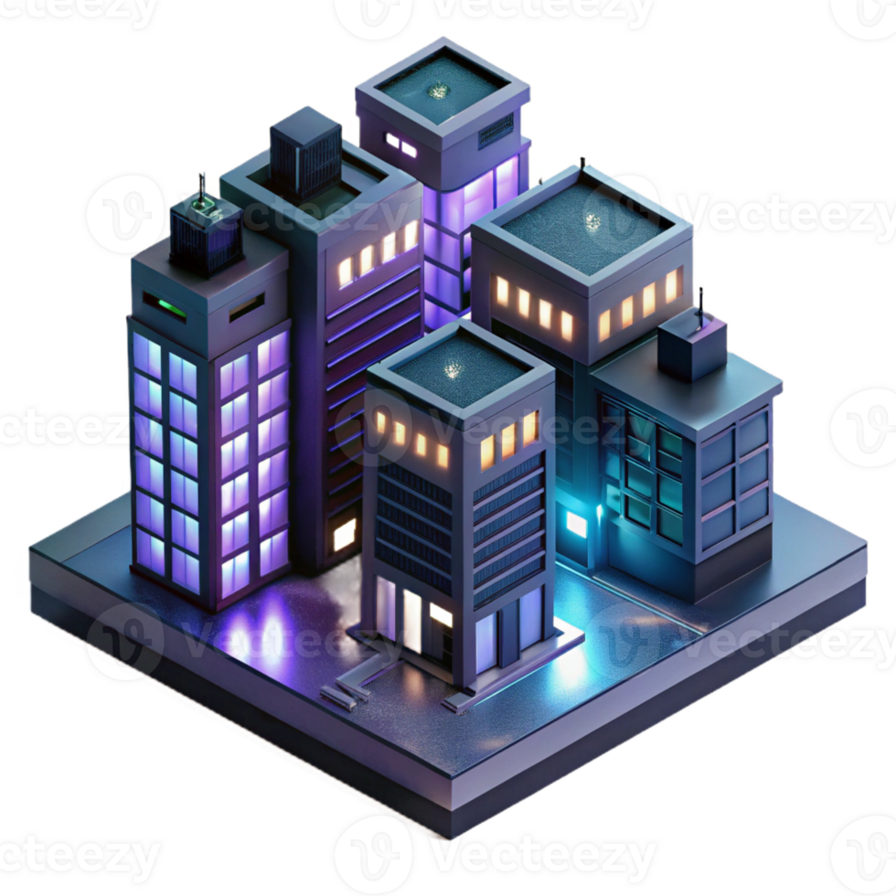 beautiful rustic Cyberpunk apartment complex, neon signs, rain-slicked streets, gritty and dark, isometric view, high quality png