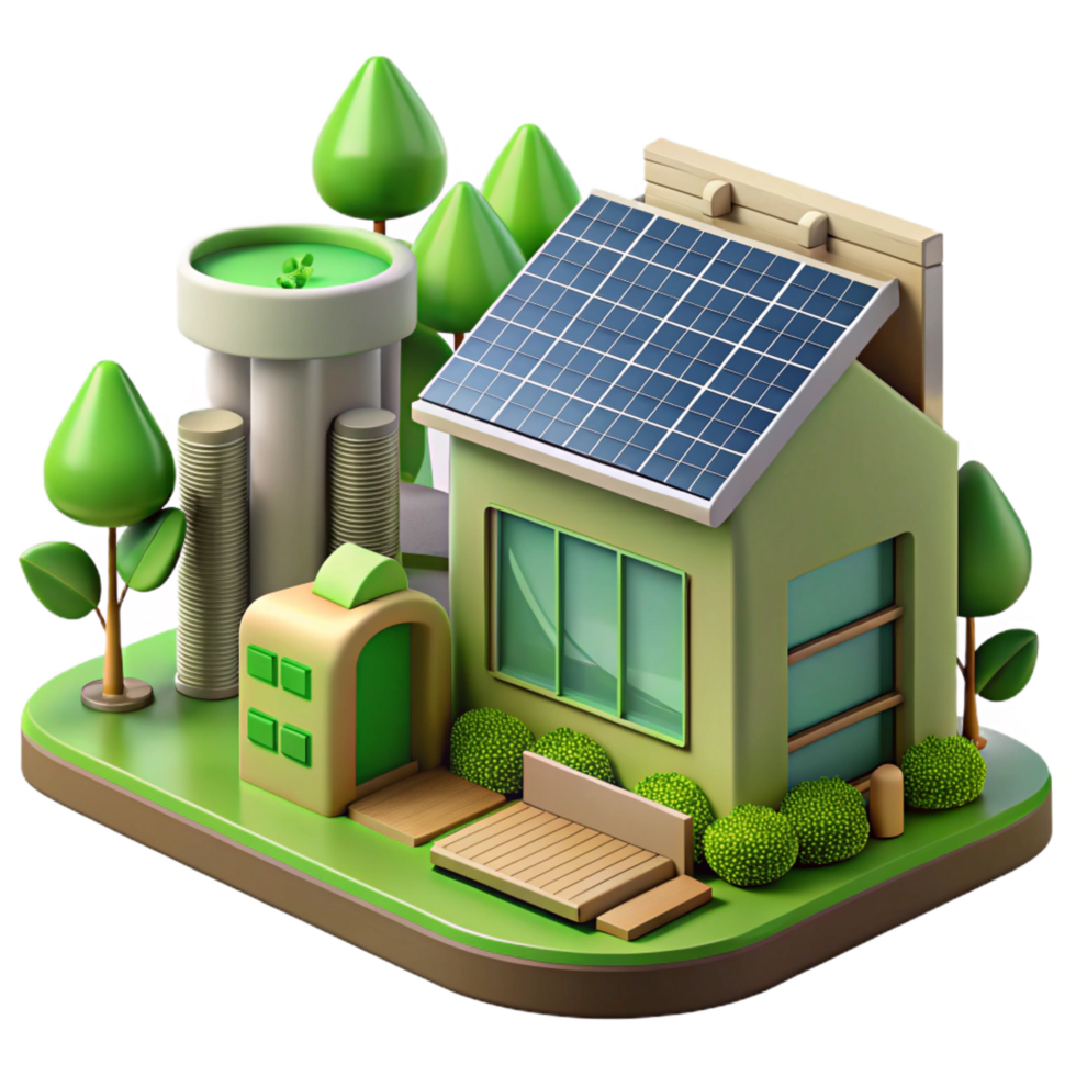 wonderful modern Sustainable architecture with solar panels and green roofs, natural lighting, eco-friendly style original png