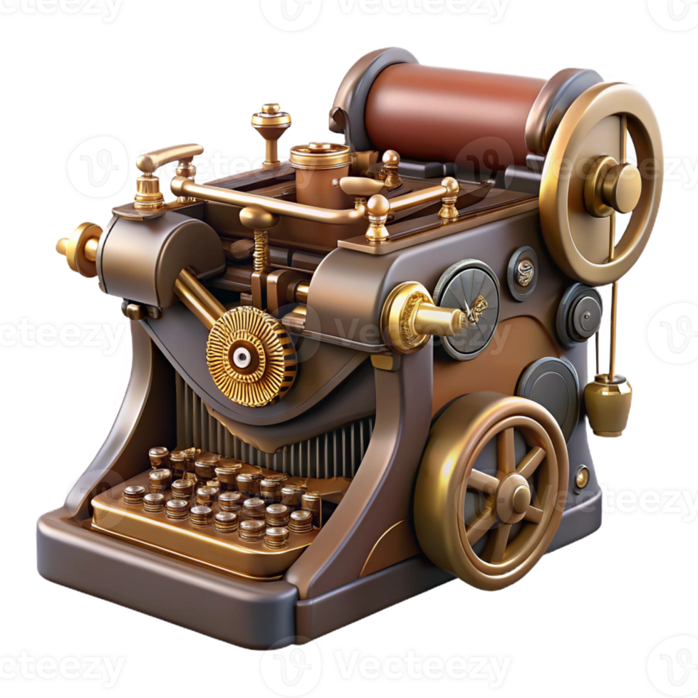 wonderful contemporary Steampunk typewriter with brass keys and a clockwork mechanism high quality png