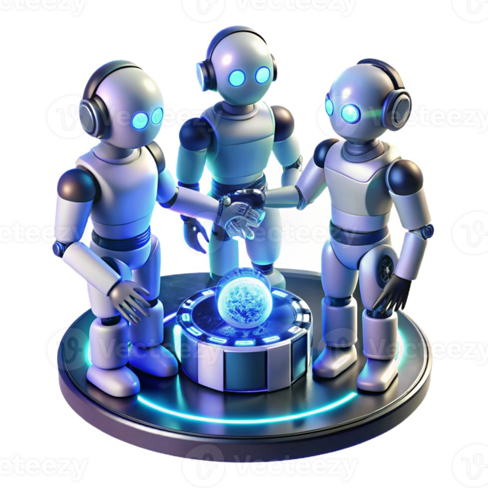 elegant abstract A group of stylized humanoid robots collaborating on a complex engineering project, illuminated by dynamic, shifting neon light, futuristic industrial style 4K png