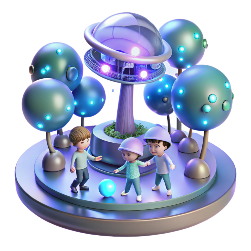 extraordinary abstract A group of children, playing with holographic toys in a futuristic park, surrounded by glowing trees and floating orbs. Whimsical, playful lighting, utopian style genuine png