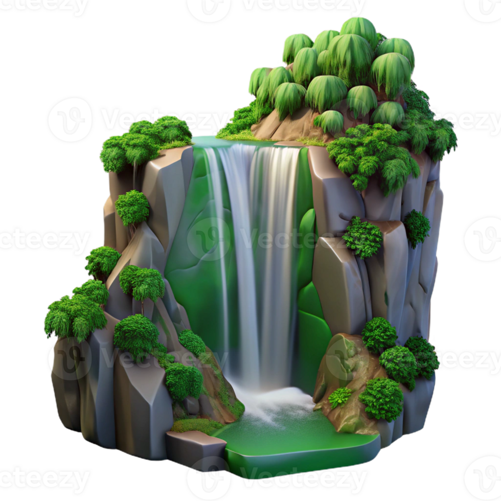 impressive classic A waterfall cascading down a cliff face, lush green foliage, long exposure photography style exclusive png