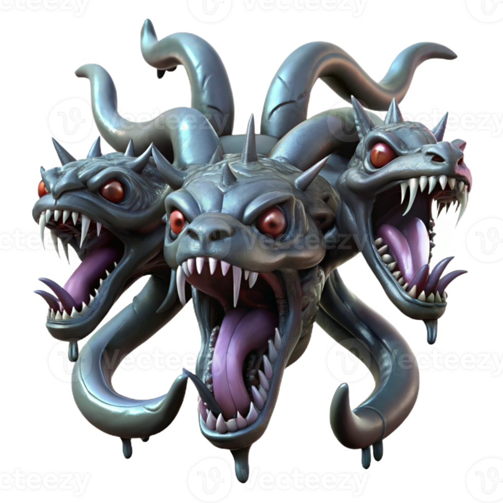elegant artistic A fearsome hydra with nine snarling heads, each dripping venom, dark and moody lighting, dark fantasy style professional png