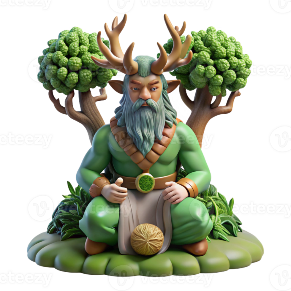 beautiful modern A powerful Celtic Cernunnos, the horned god, seated beneath a mighty oak tree, surrounded by woodland creatures, illuminated by dappled sunlight, Celtic knotwork style high resolution png