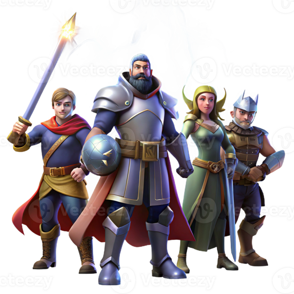 beautiful classic A group of heroic adventurers, a knight, a mage, and a rogue, standing together, ready for battle, illuminated by the dramatic light of a lightning strike genuine png