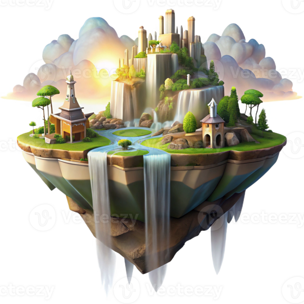 elegant modern Floating island city, waterfalls cascading down, golden hour lighting, majestic and awe-inspiring, concept art style, exclusive png