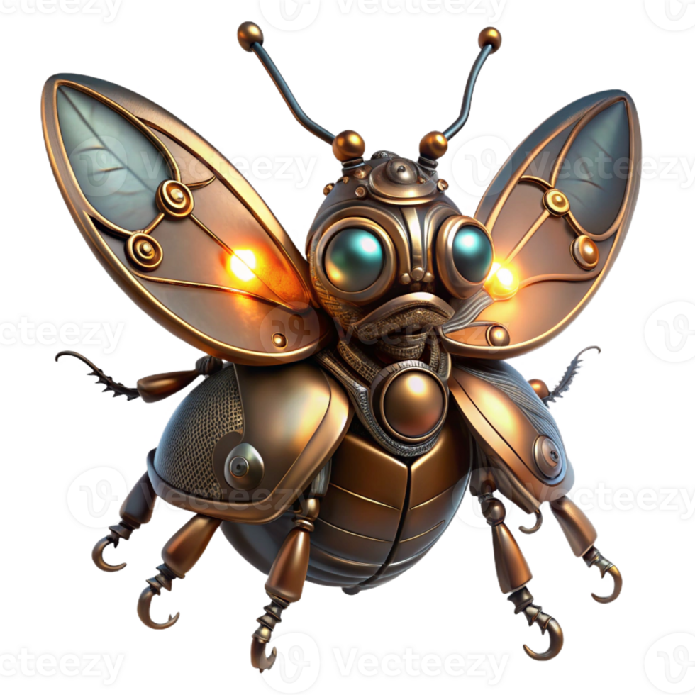 beautiful contemporary A steampunk insect, a metallic beetle with intricate clockwork wings and glowing amber eyes, lit by a soft, diffused light in a fantasy art style authentic png