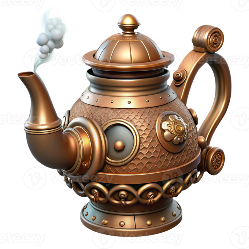 impressive artistic Steampunk teapot with ornate spouts and intricate steam vents original png